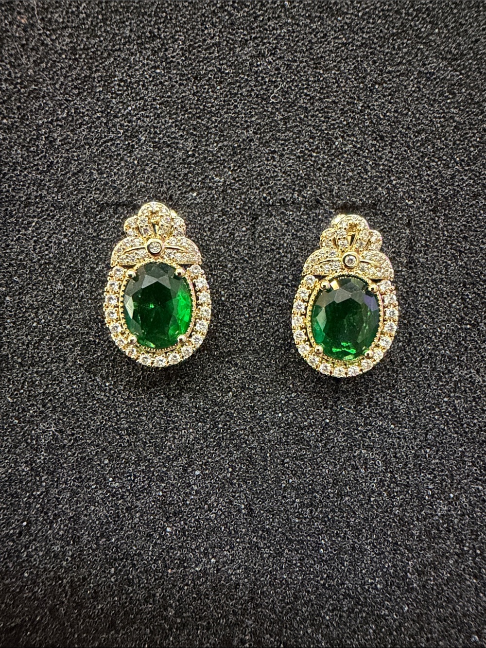 Emerald Green Oval Halo Drop Earrings - Gold Tone